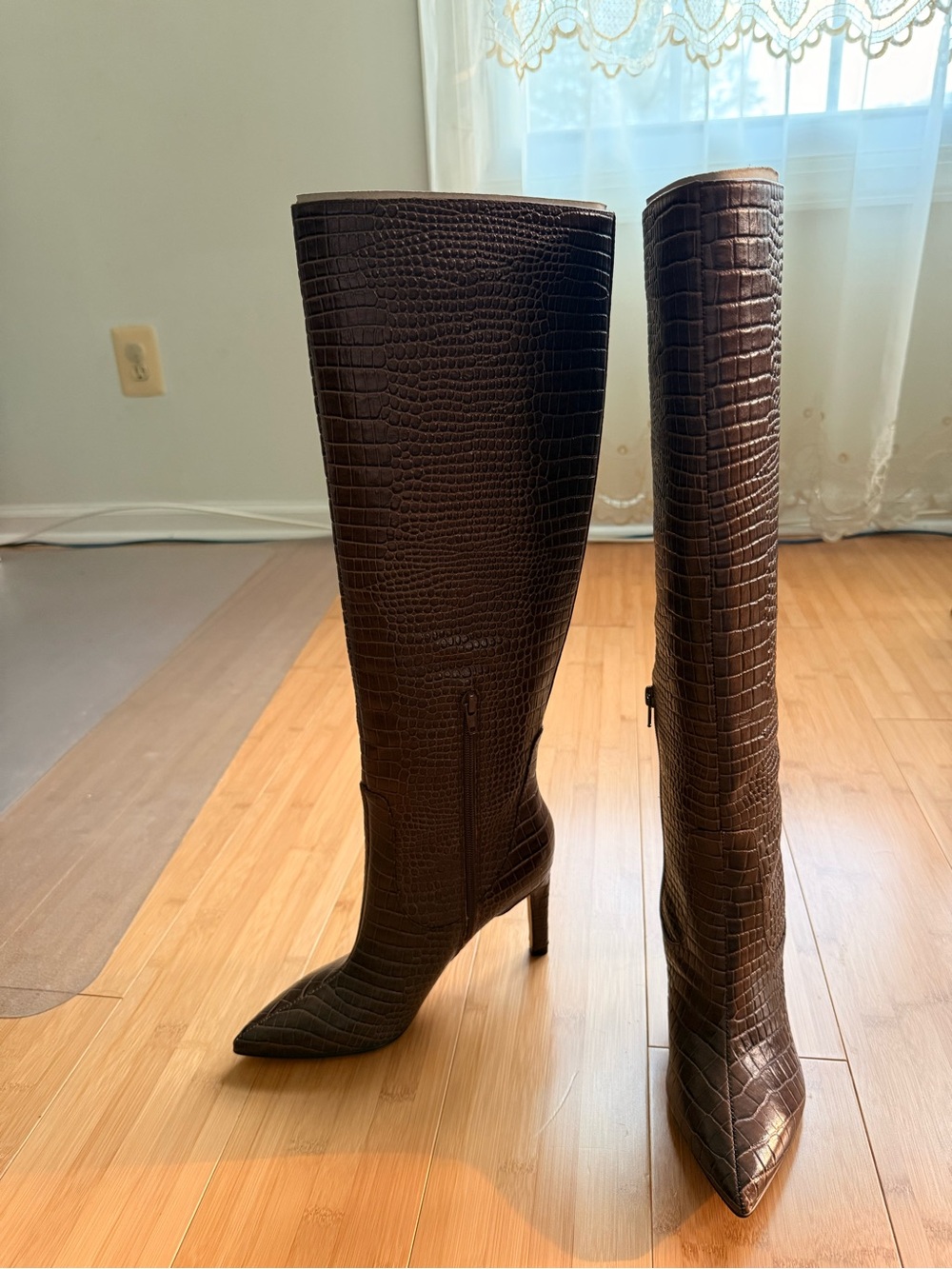 Nine West - Maxim - Croc-Embossed Knee High Boots - Brown - Size 7